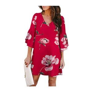 Belongsci Floral Print Red Shift Bell Sleeve Dress Large